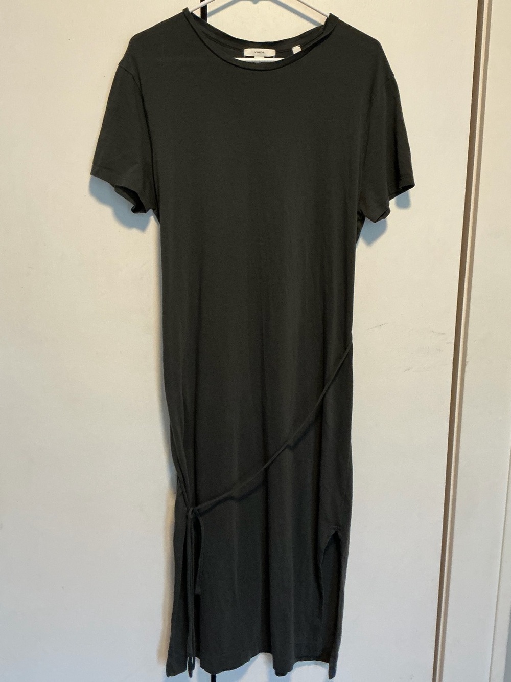 Vince Black Short-Sleeve Crewneck Midi Dress with Side Tie